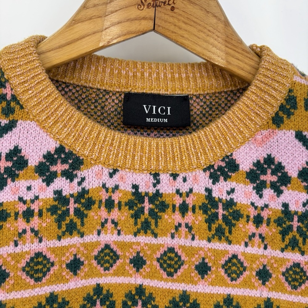 VICI Bubble Sleeve Striped Sweater M Pink Green Nordic Fair Isle Crop Retro Cozy - Picture 2 of 10